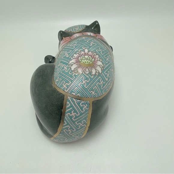 Vintage Asian Katami Cloisonné Hand Painted Sleepy Cat Blue/Pink/Gold - Picture 6 of 9